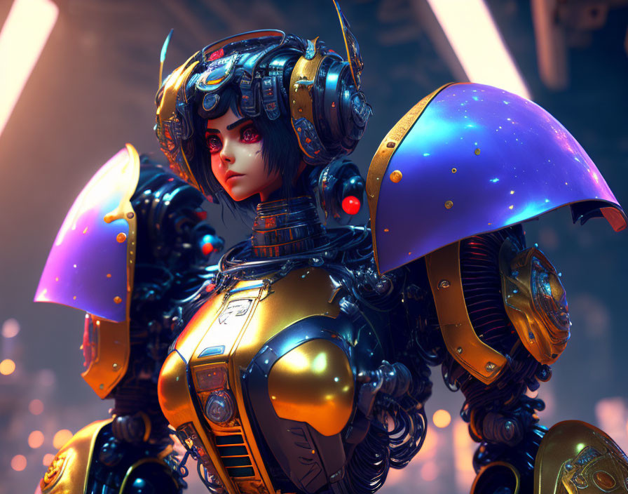 Futuristic cyborg in golden armor with glowing blue helmet in neon-lit setting