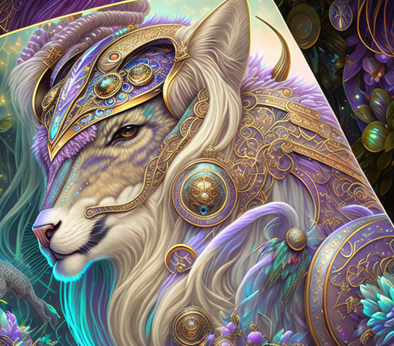 Detailed Illustration: Majestic Wolf in Golden Armor and Jewelry on Floral Background