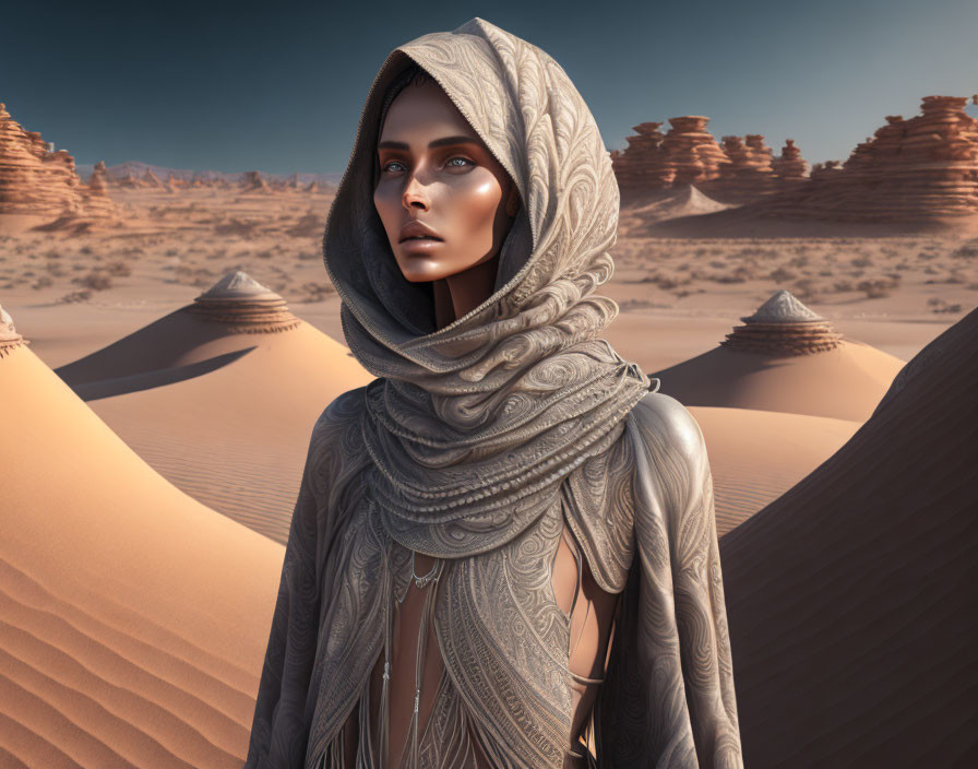 Digital artwork of woman in headscarf in desert with intricate patterns