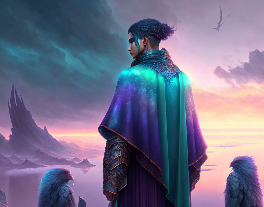 Ethereal image of person with blue hair in fantasy landscape