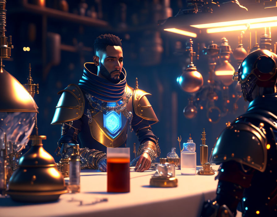 Futuristic knight with illuminated chest in alchemical lab faces robotic figure