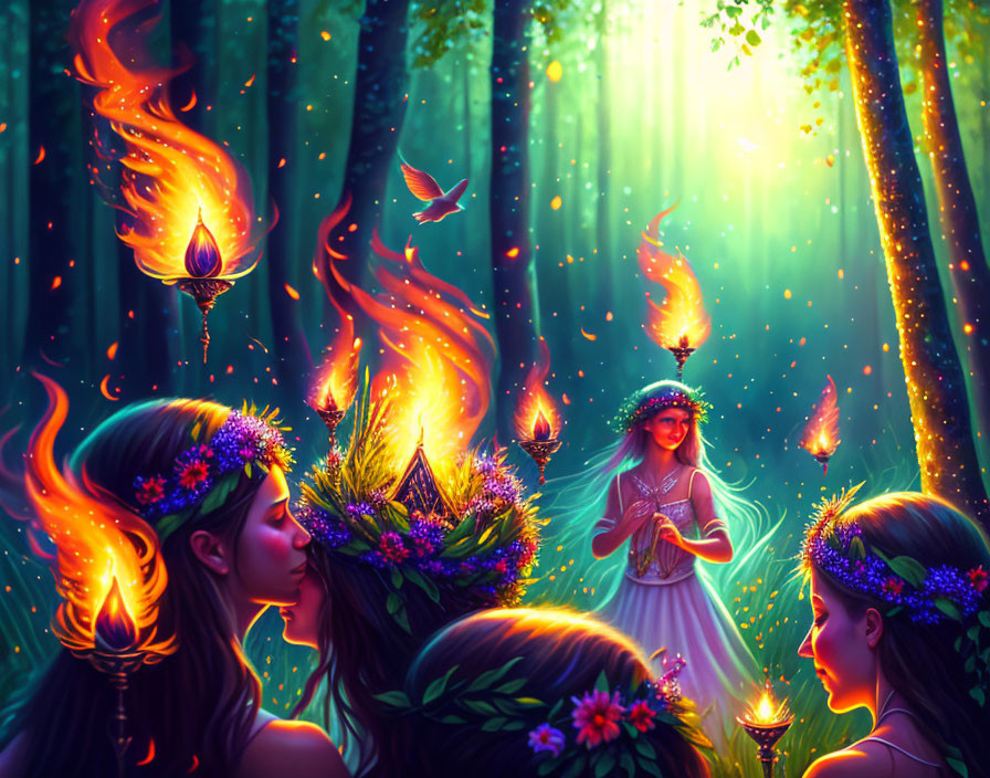 Enchanting forest scene with glowing flowers and mystical figures