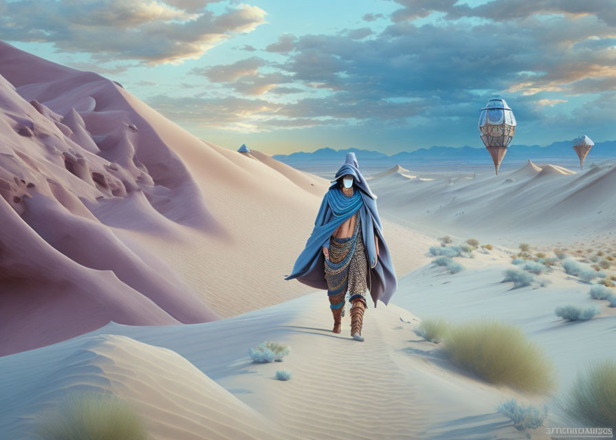 Robed Figure Walking in Desert with Floating Ships and Clouds