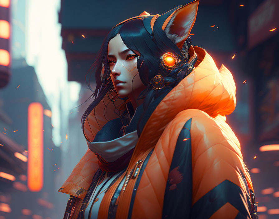 Digital artwork: Woman with cat-like ears and futuristic headphones in orange jacket against neon-lit urban backdrop