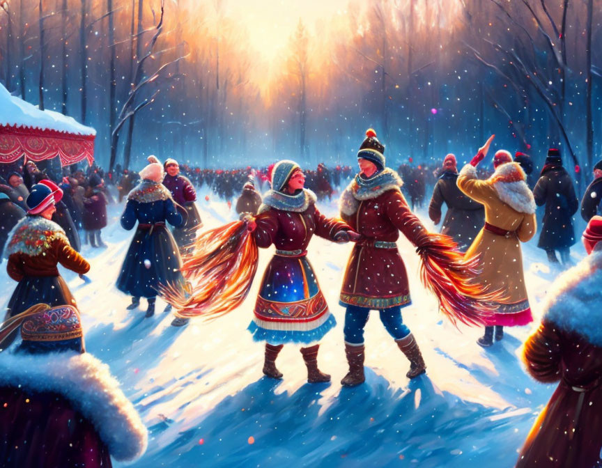 Traditional Attire Dance in Snowy Forest Clearing