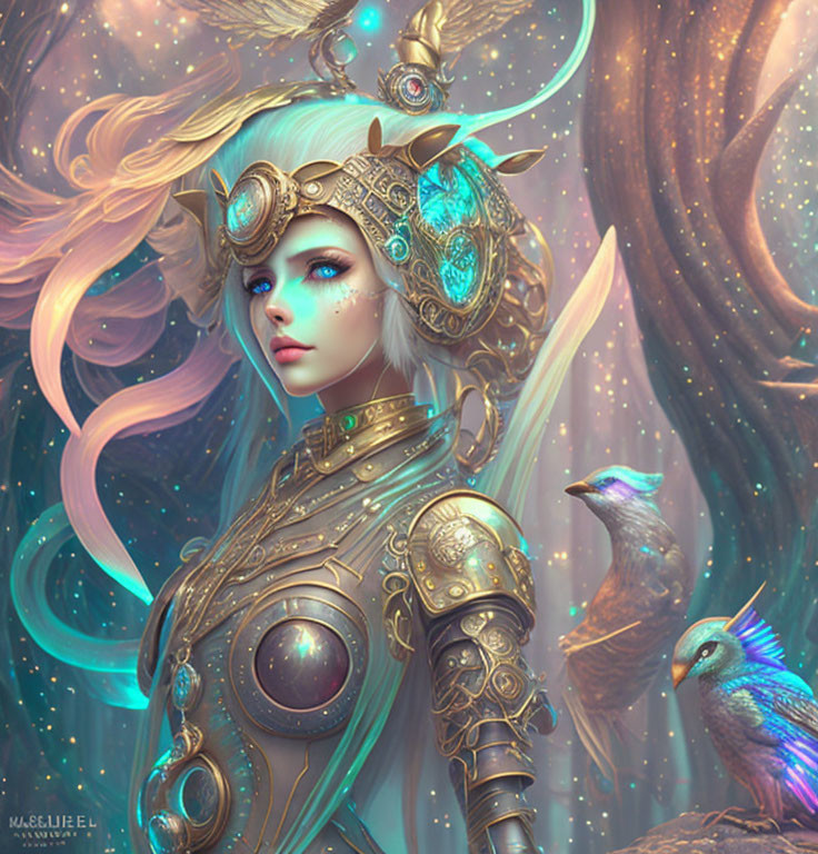 Blue-haired female warrior in golden armor with birds in mystical setting