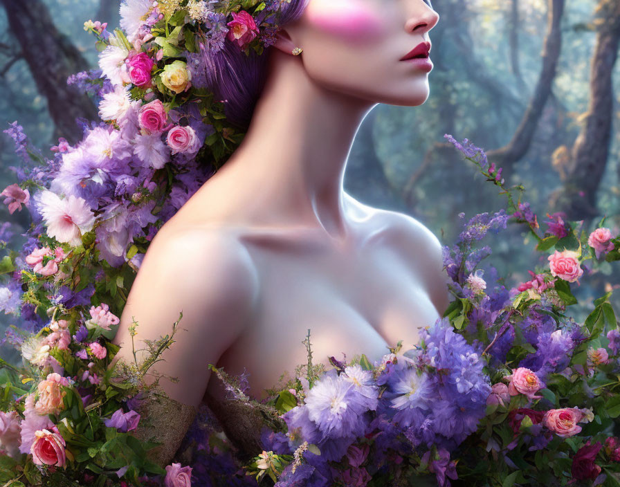 Woman with Floral Headpiece Surrounded by Roses and Lilacs in Dreamy Forest