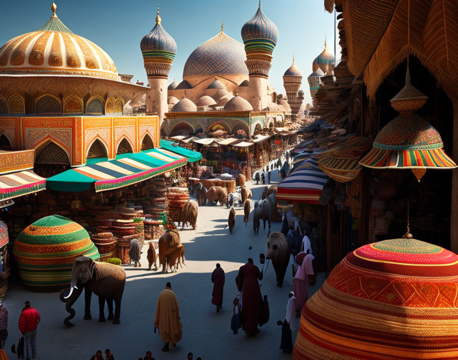 Vibrant Oriental market scene with colorful canopies and elephants