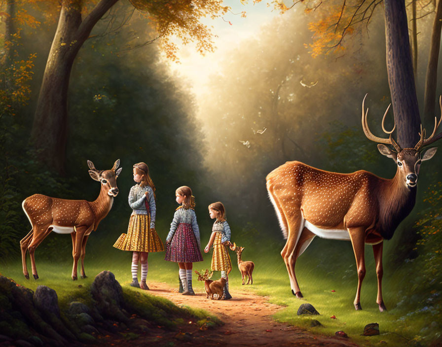 Children and dog meet deer in sunlit forest scene