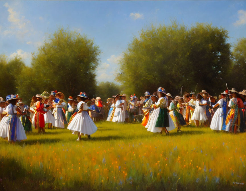 Women in traditional dresses dancing in sunlit meadow with trees