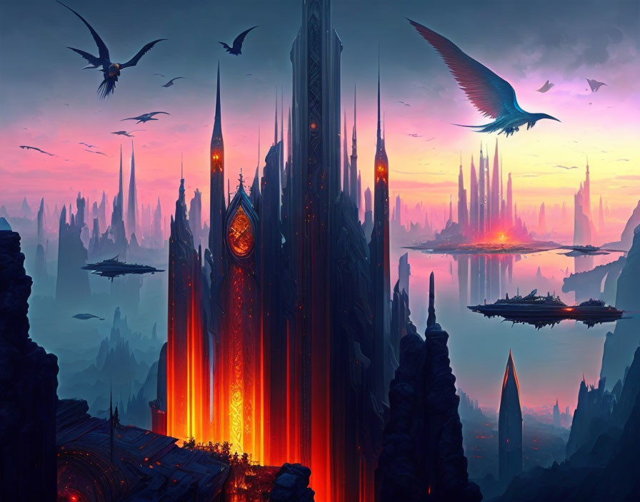 Fantastical landscape with glowing spires and flying creatures at twilight.