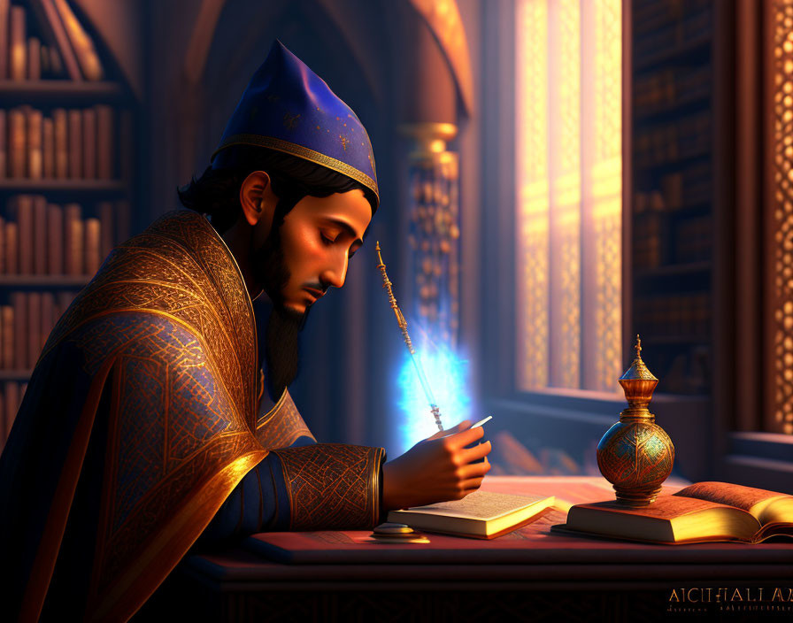 Scholarly figure in traditional garb writing with glowing feather quill surrounded by books in warm light