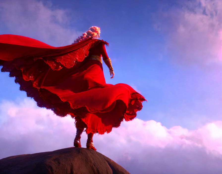 Golden-haired character on rock with billowing red cape under pink-tinged sky