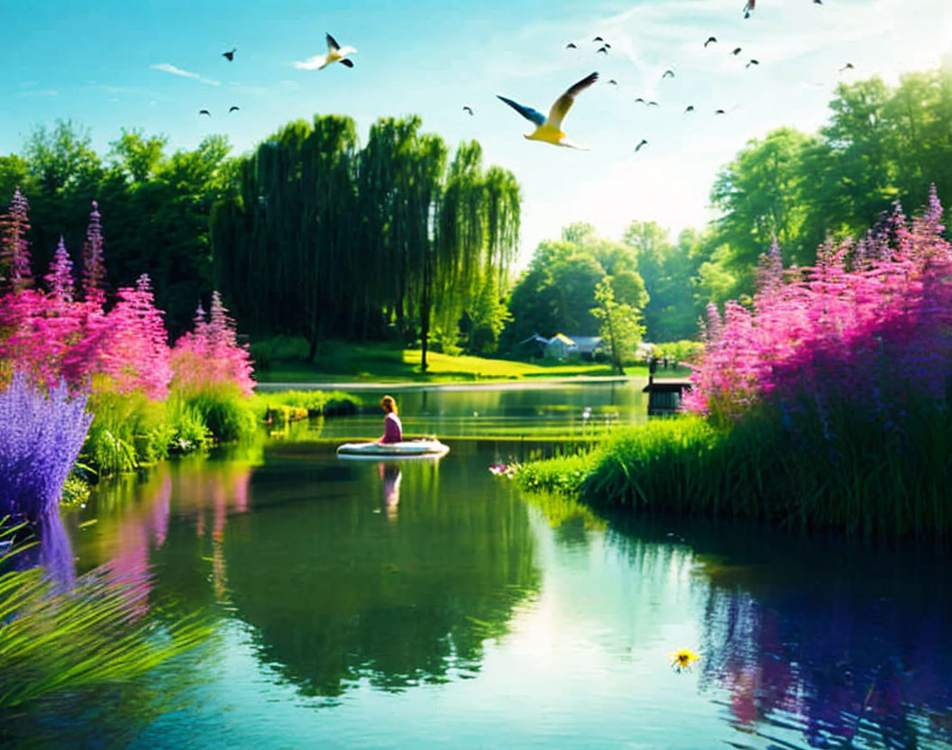 Person meditating on circular platform in tranquil pond with lush greenery and vibrant flowers, birds flying overhead