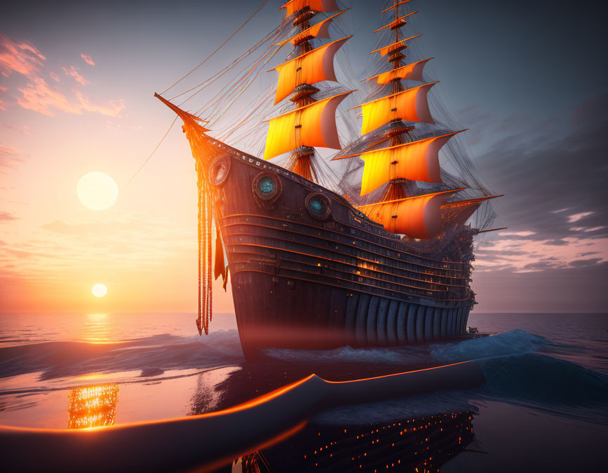 Majestic sailing ship with illuminated sails on ocean at sunset