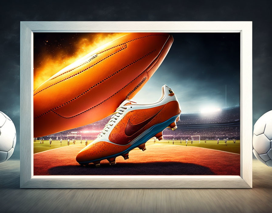 Framed soccer cleat with stadium, footballs, and cosmic flaming football.