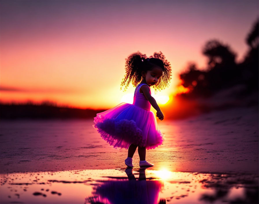 Young girl twirls in purple dress on beach at sunset