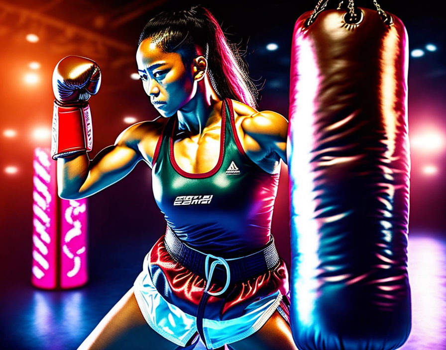 Female boxer in red gloves practices punches in neon-lit gym