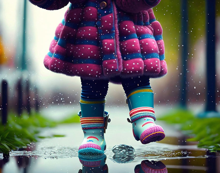 Child in Colorful Coat and Blue Rain Boots Jumping in Puddle