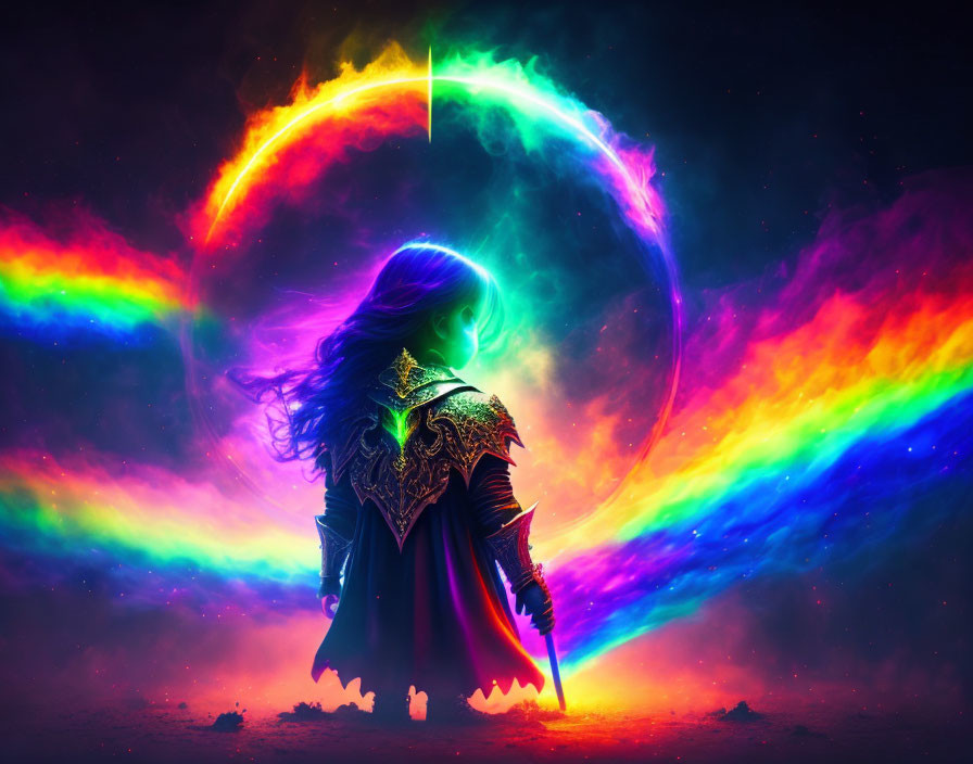 Elaborately armored female figure gazes at cosmic rainbow swirl