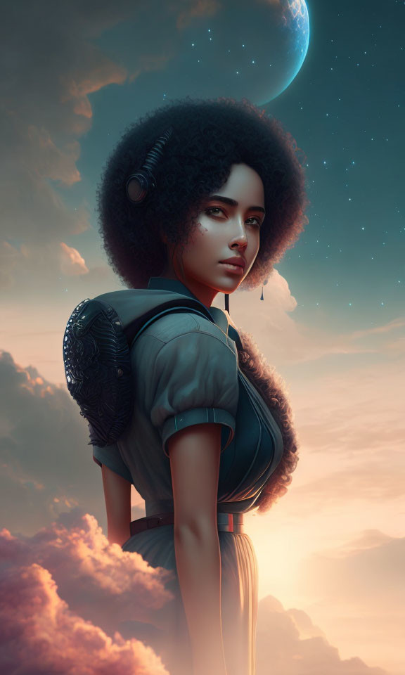 Futuristic woman in afro with spacesuit on lush alien planet