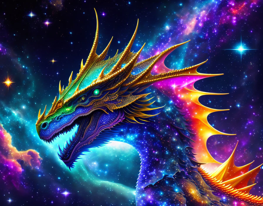 Colorful Dragon Illustration with Blue and Gold Scales on Cosmic Background