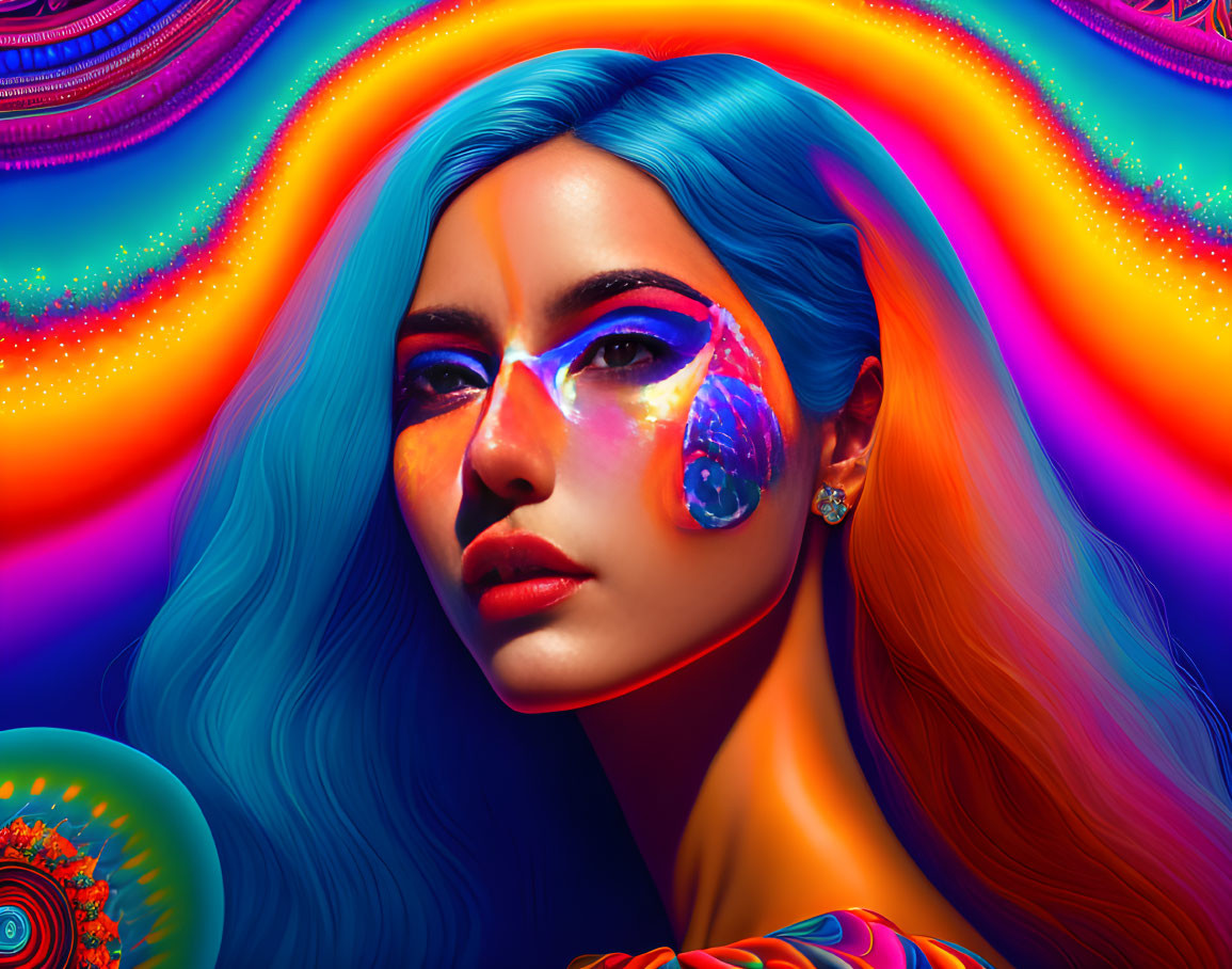 Colorful Digital Portrait of Woman with Turquoise Hair and Psychedelic Patterns