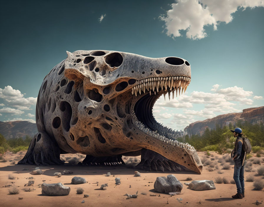 Massive surreal skull with intricate openings in desert landscape