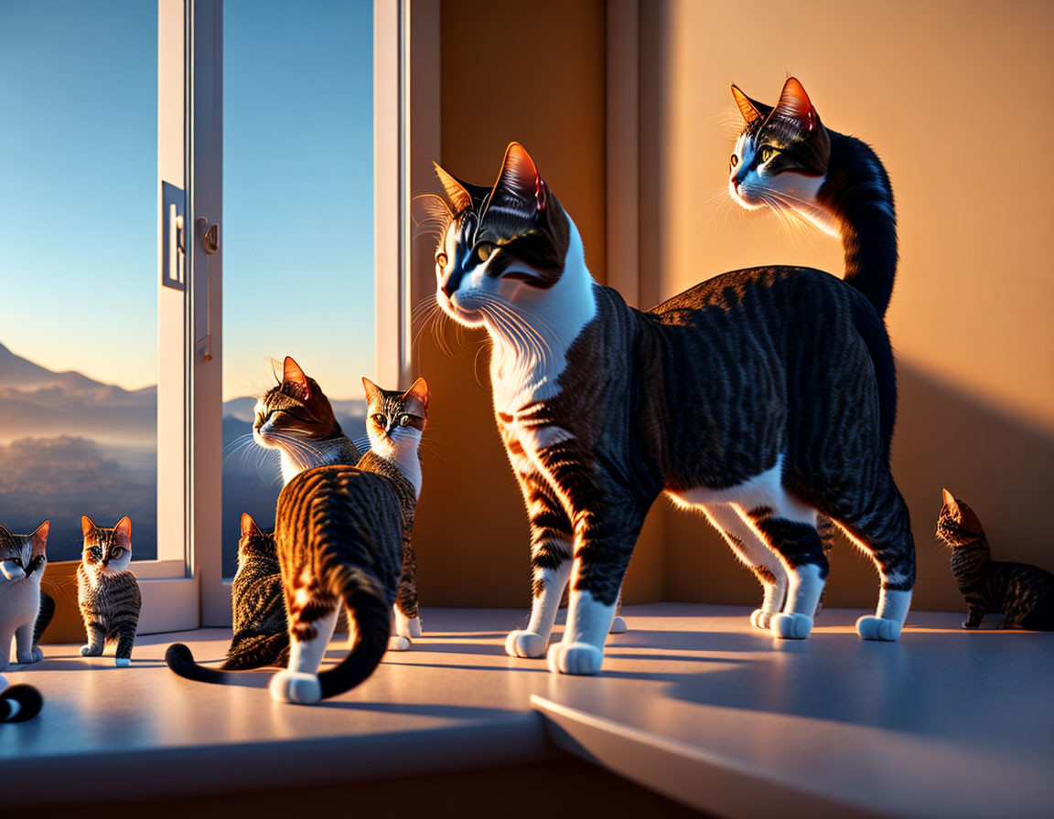 Multiple cats with large eyes in a room at sunset, gazing out window at mountains