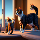 Multiple cats with large eyes in a room at sunset, gazing out window at mountains