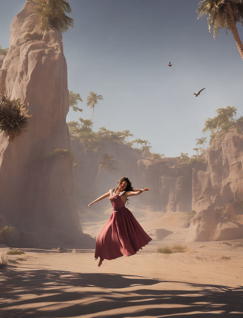 Woman in Red Dress Dancing in Desert Oasis with Rock Formations, Palm Trees, and Birds