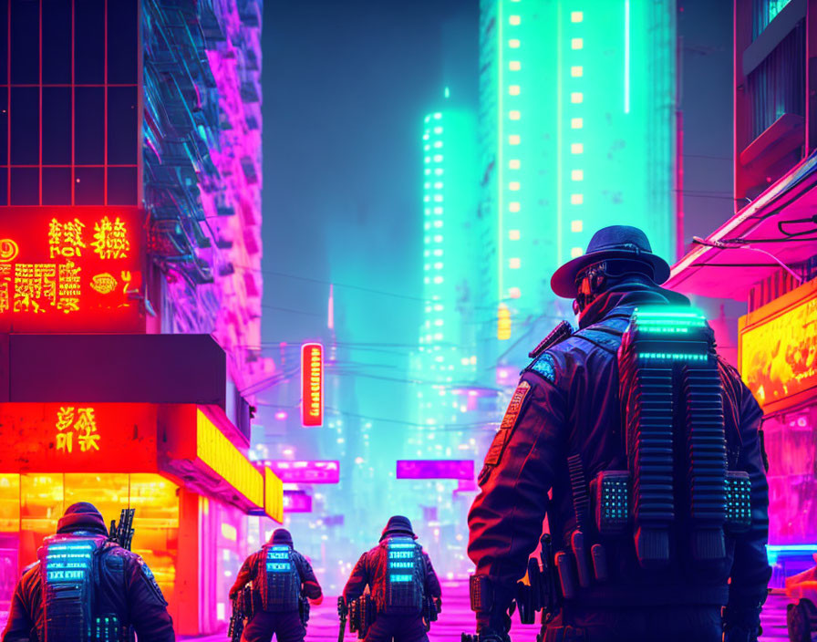 Futuristic soldiers patrol neon-lit urban street at night