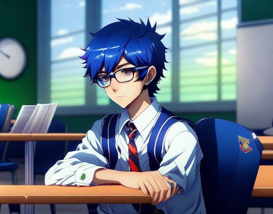 Blue-haired anime character with glasses in school attire sitting at desk