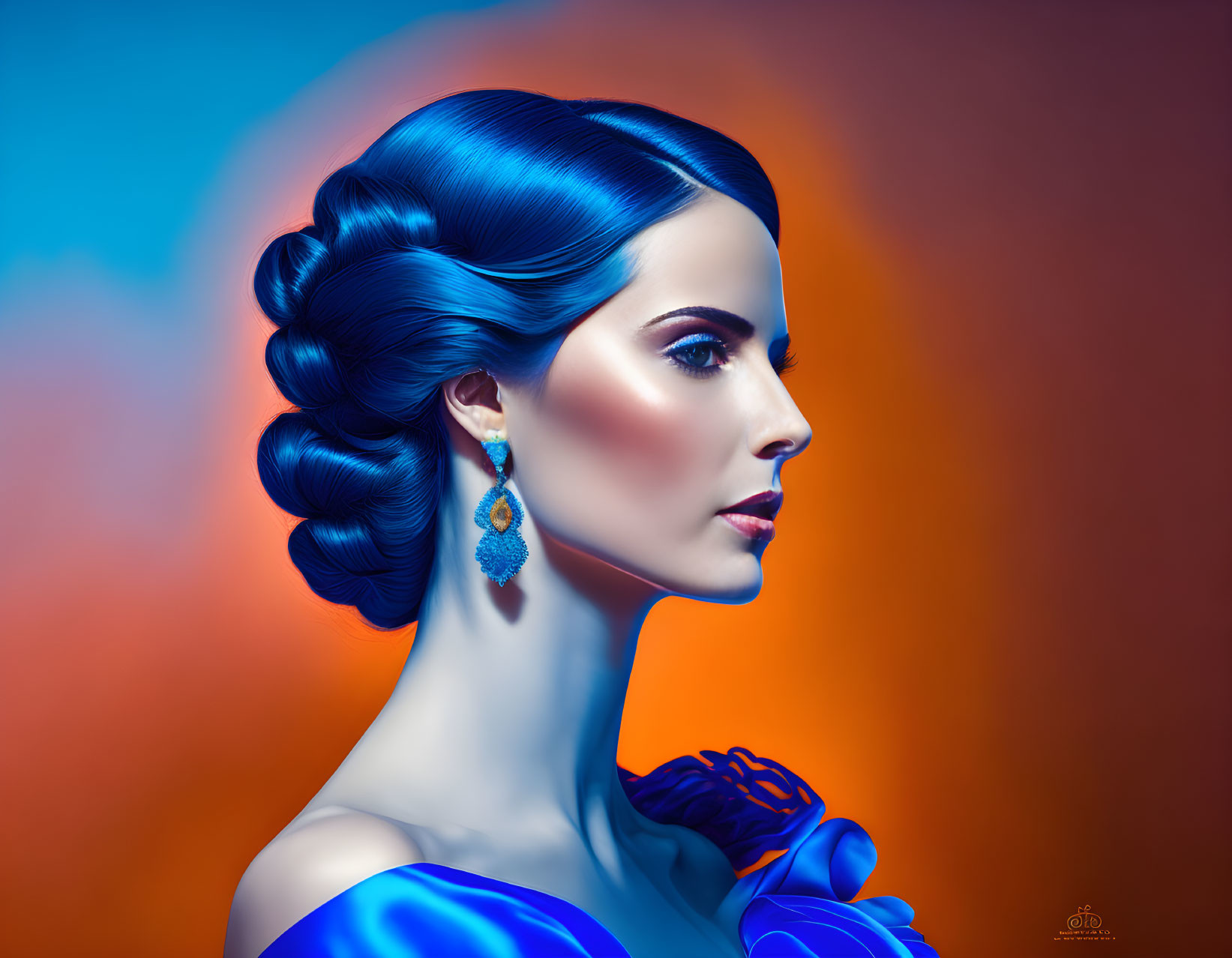 Stylized digital artwork: Woman with blue hair and earrings on warm gradient.