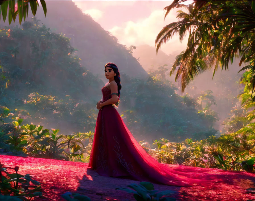 Character in red dress in lush jungle at sunset