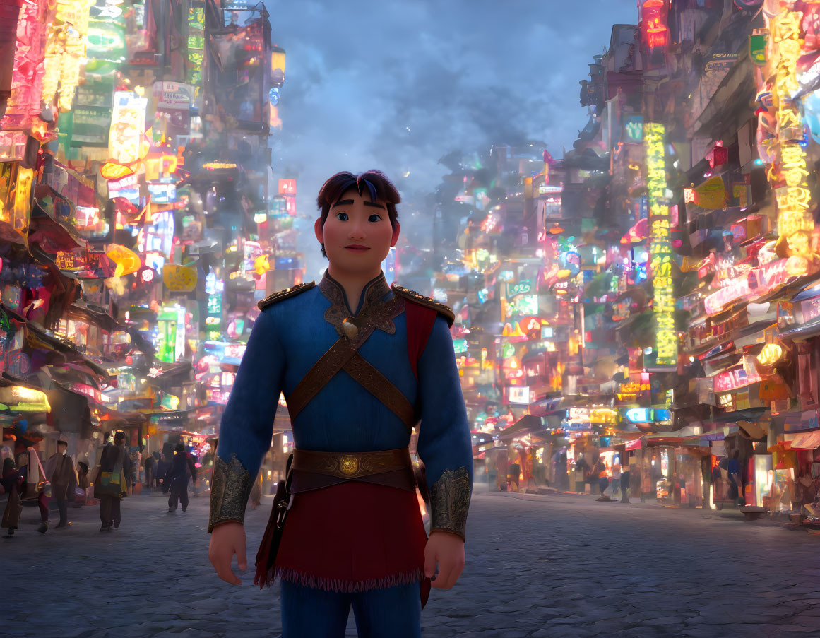 Animated character in traditional uniform in vibrant city street at dusk