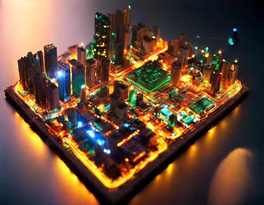 Miniature Cityscape Made of Electronic Components with Illuminated Lights