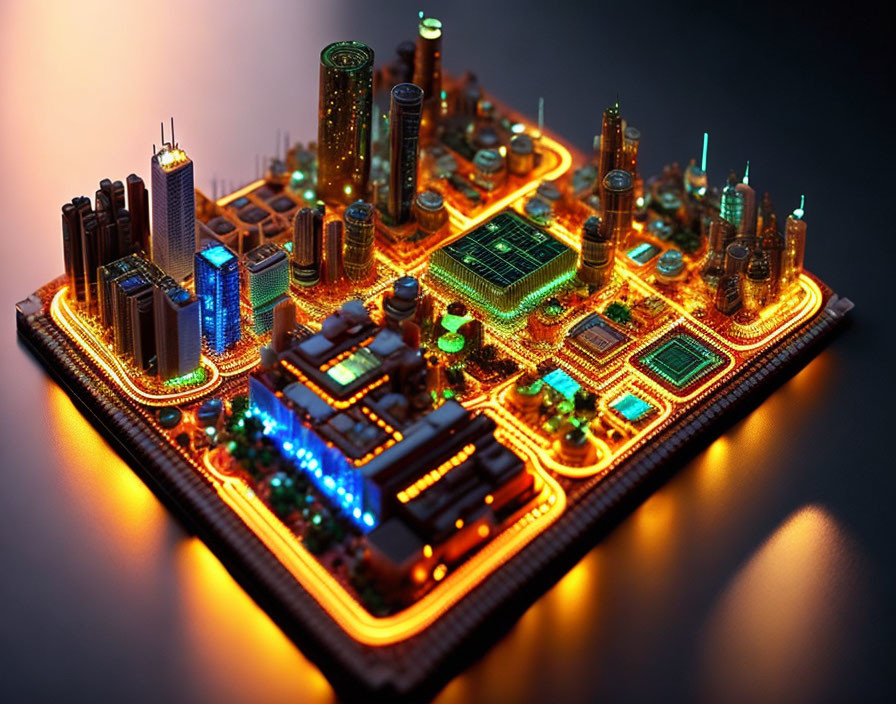 Miniature cityscape on computer motherboard with colorful lights