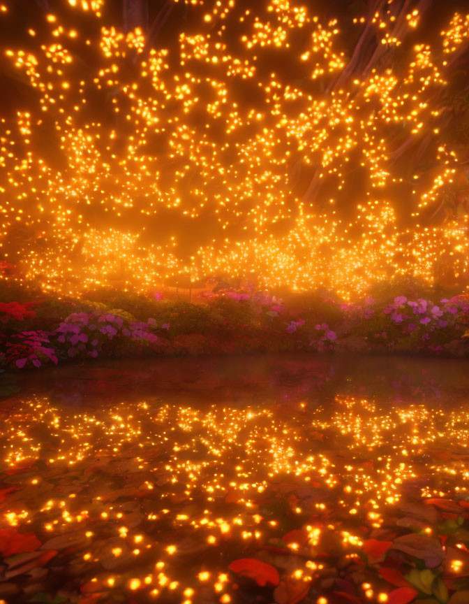 Enchanting Twilight Garden with Sparkling Lights and Tranquil Pond