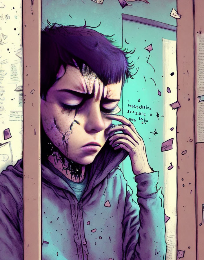 Illustration of troubled person with tears in violet setting