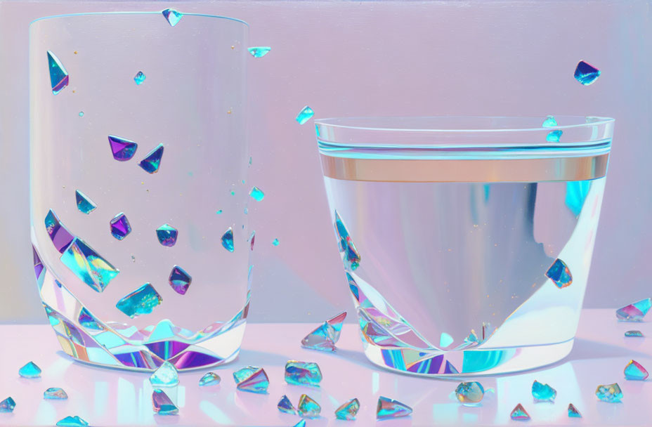 Pastel-toned glasses on reflective surface with water and scattered crystals