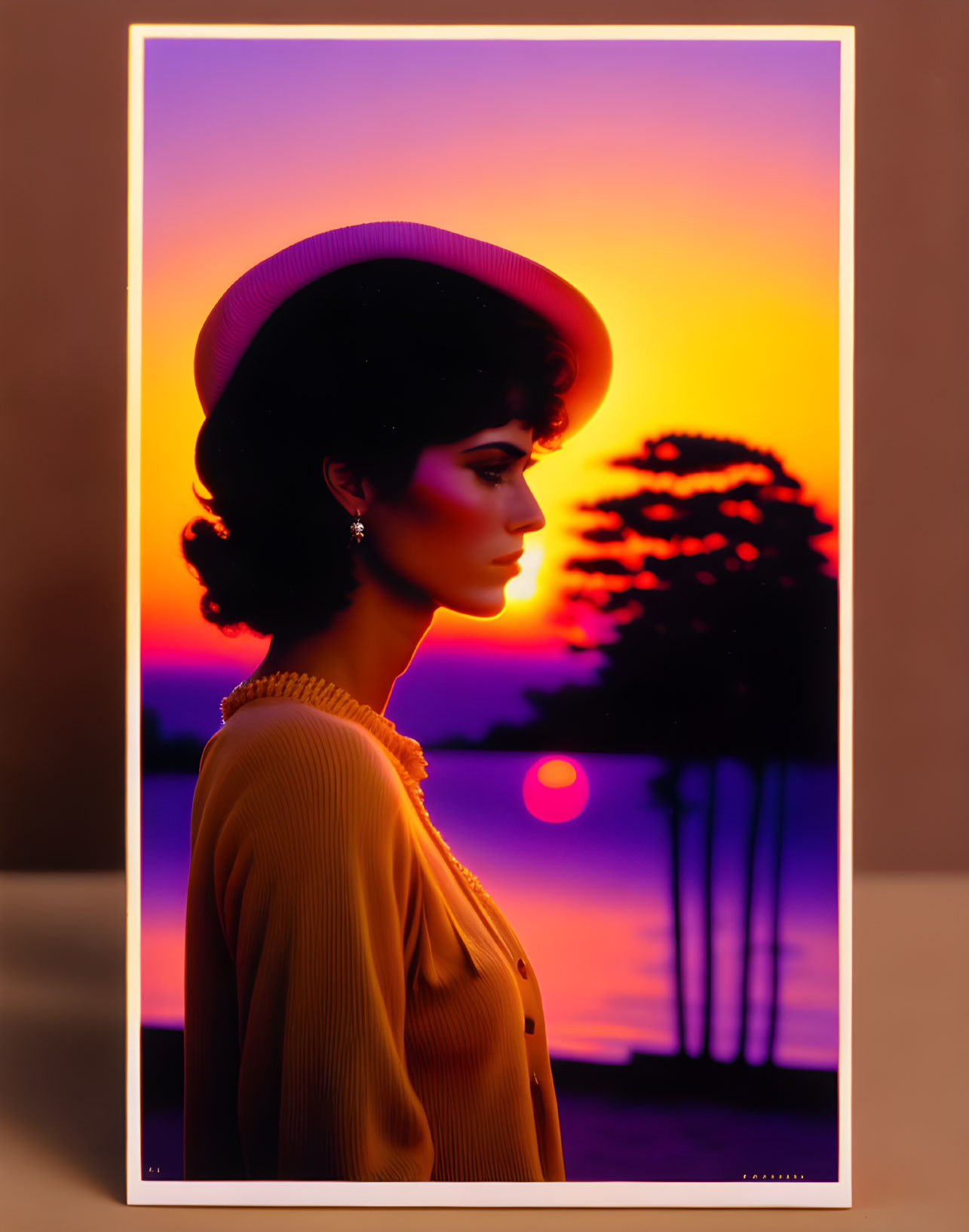 Woman's profile with hat against vibrant sunset and trees.