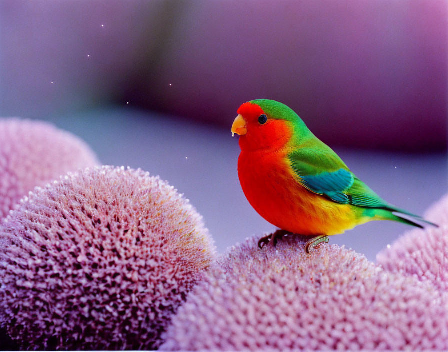 Colorful Bird on Pink Fluffy Surface with Sparkles