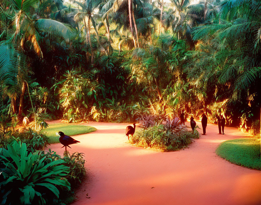 Vibrant sunset garden with red path, tropical palms, green foliage, and peacocks in