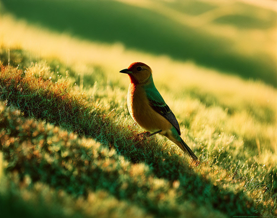 Colorful Bird with Red Head Perched on Grassy Knoll with Rolling Hills