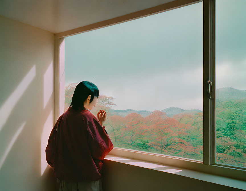 Person in red blouse looking out large window at lush green trees under hazy sky