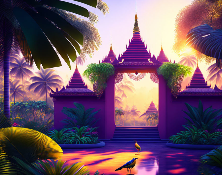 Colorful illustration of mystical gateway to temple in tropical setting with bird and sunset sky