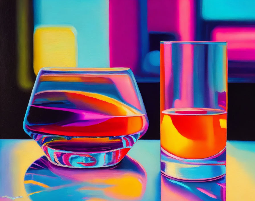 Vibrant painting of whiskey and beverage glasses on abstract background