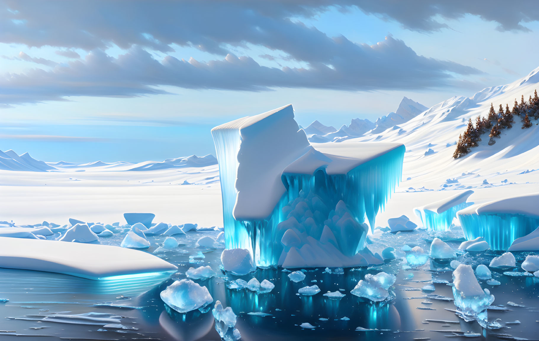 Serene Polar Landscape with Icebergs and Snowy Peaks