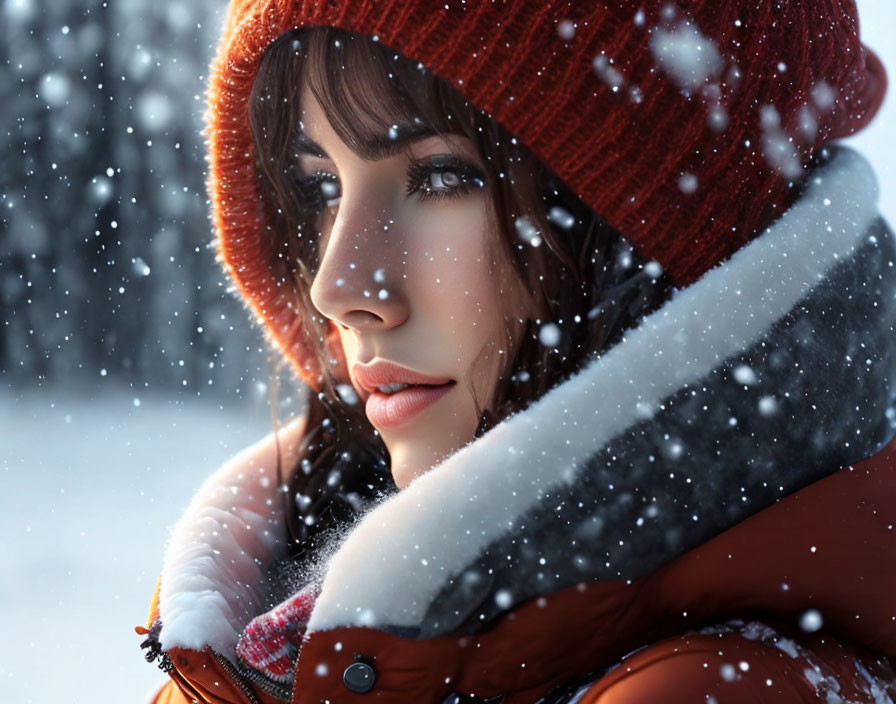 Woman in red winter coat and beanie with falling snowflakes on snowy backdrop